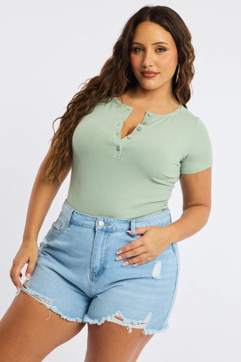 Green Button Front Top Short Sleeve Rib
