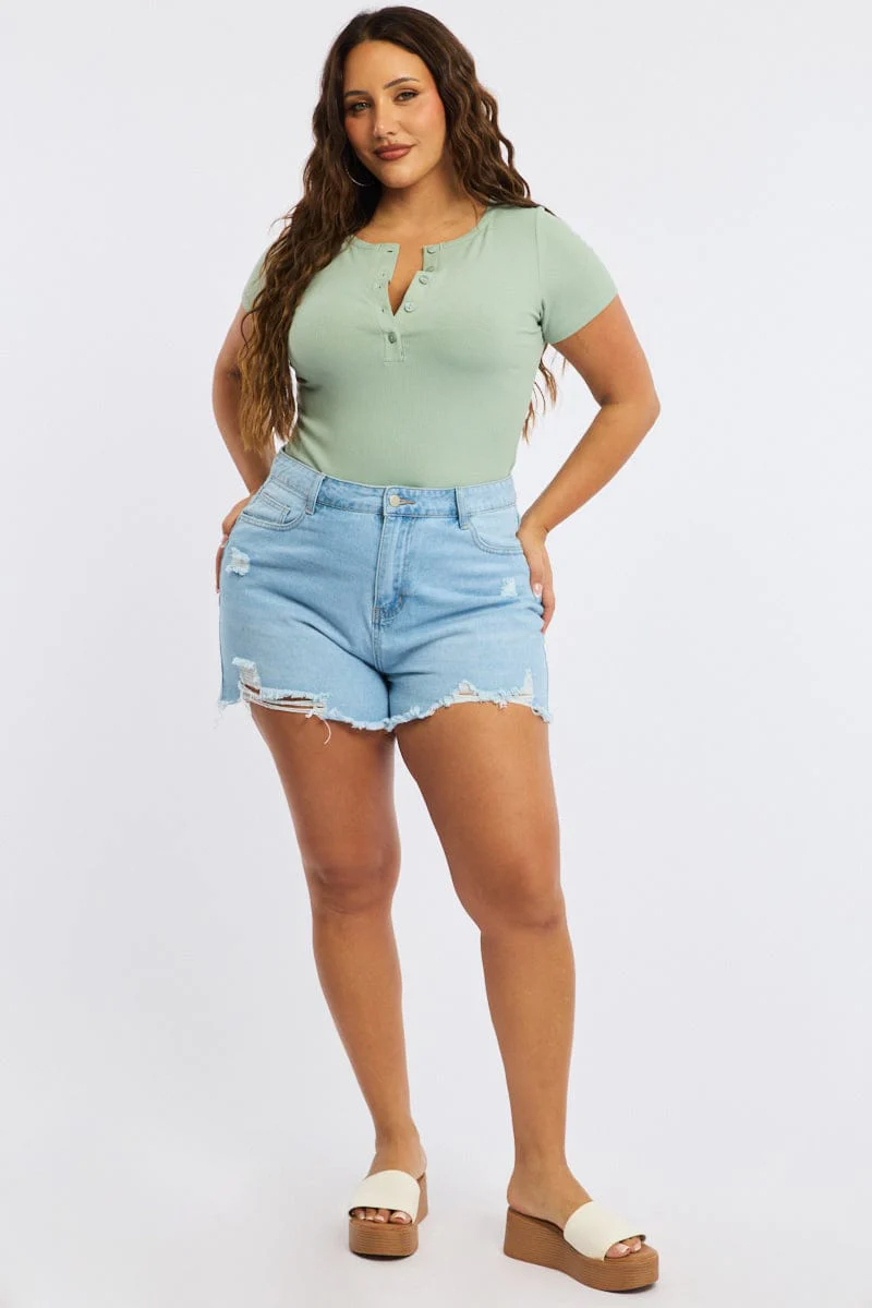 Green Button Front Top Short Sleeve Rib - Image 2