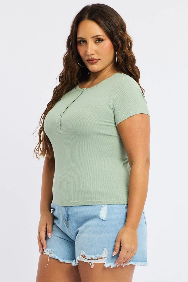 Green Button Front Top Short Sleeve Rib - Image 3