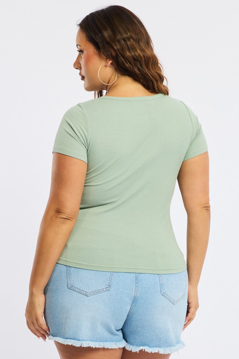 Green Button Front Top Short Sleeve Rib - Image 4