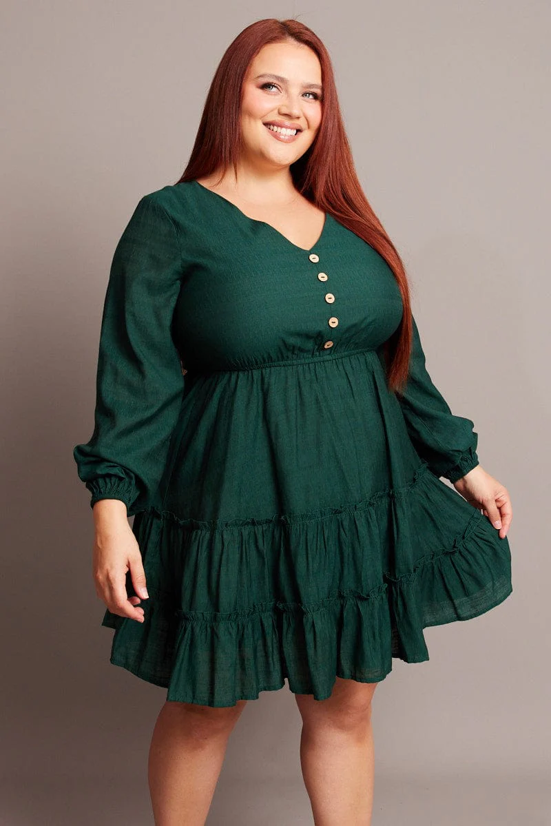 Green Button Through Long Sleeve Dress - Image 3