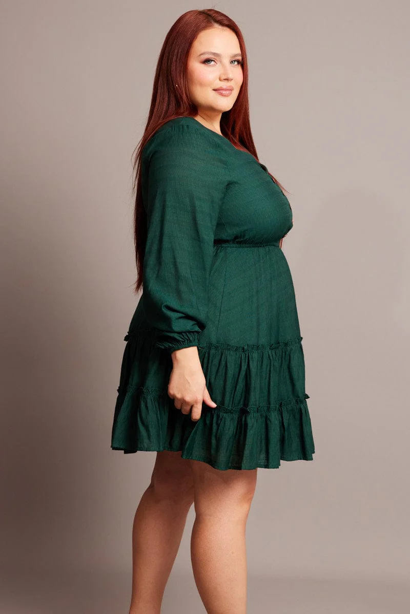 Green Button Through Long Sleeve Dress - Image 4