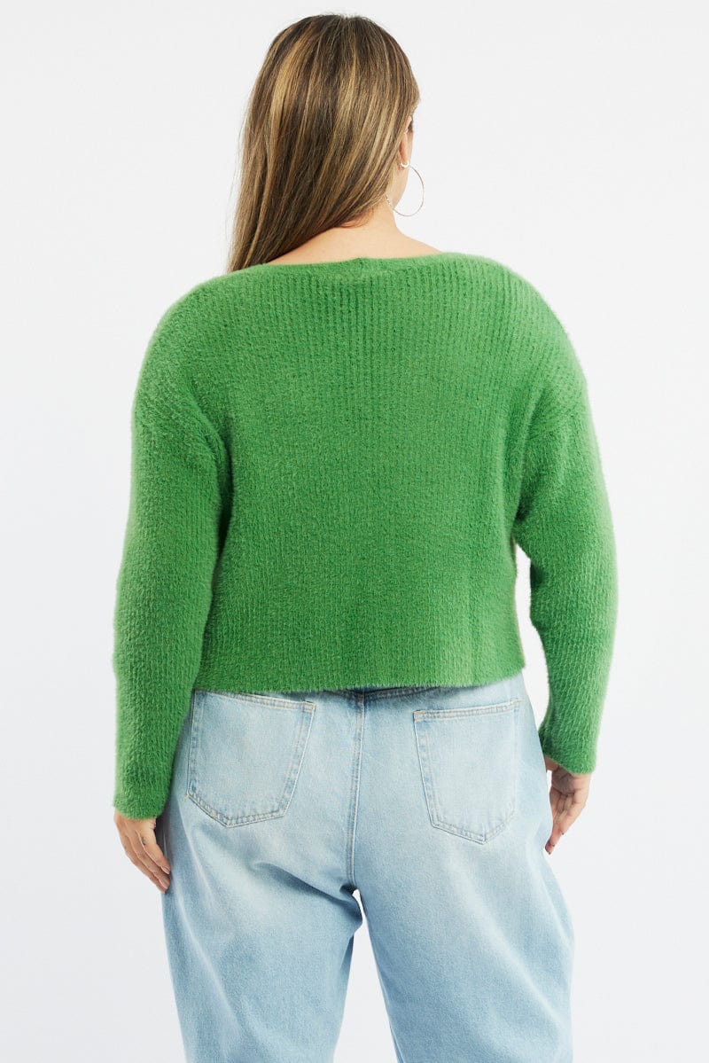Green Cardigan Long Sleeve Fluffy Semi Crop Knit - Image 4