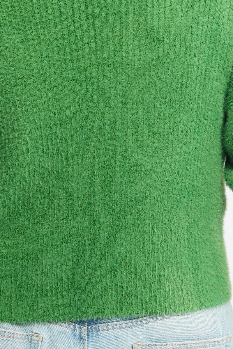 Green Cardigan Long Sleeve Fluffy Semi Crop Knit - Image 5