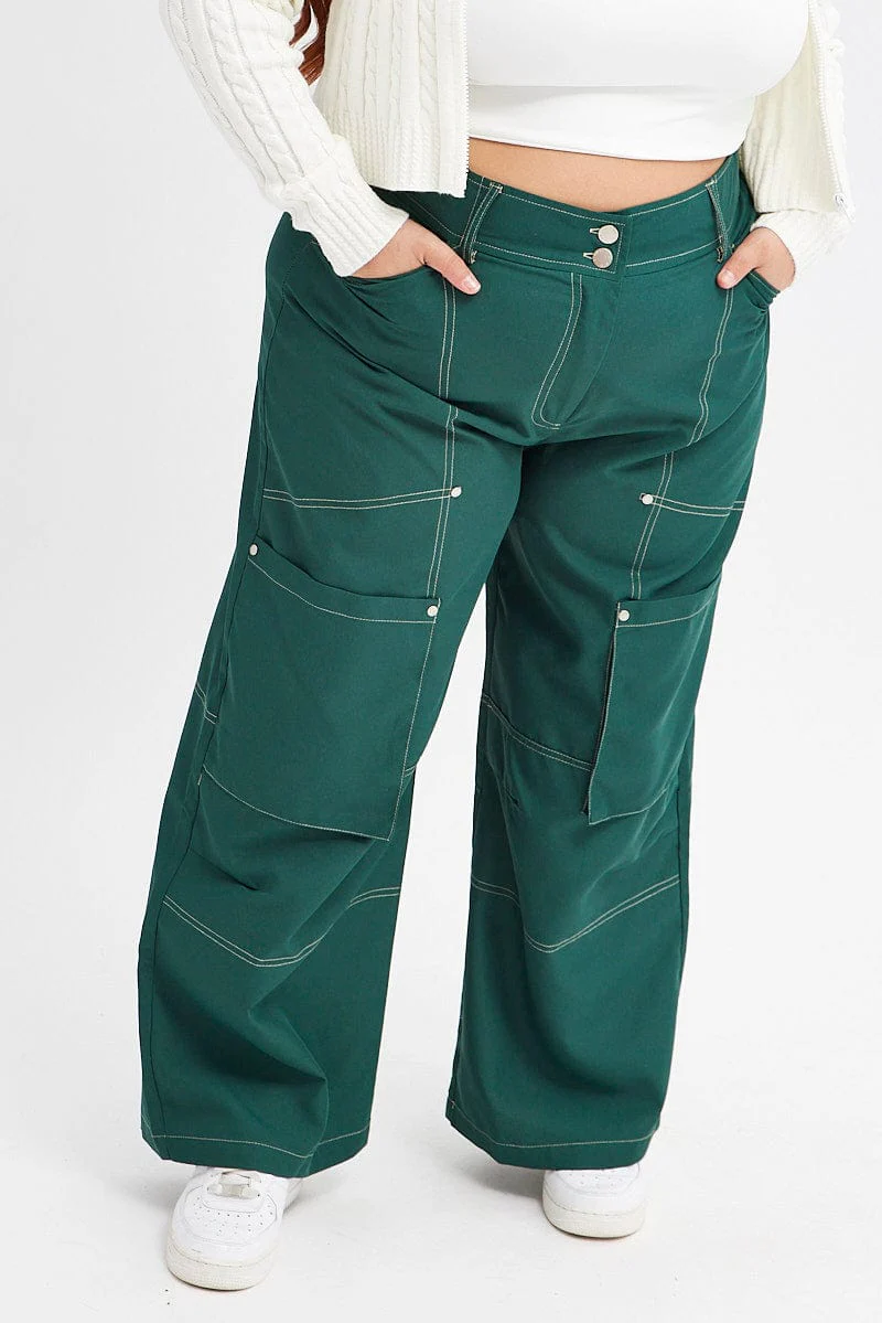 Green Cargo Pant Wide Leg Contrast Stitch - Image 2
