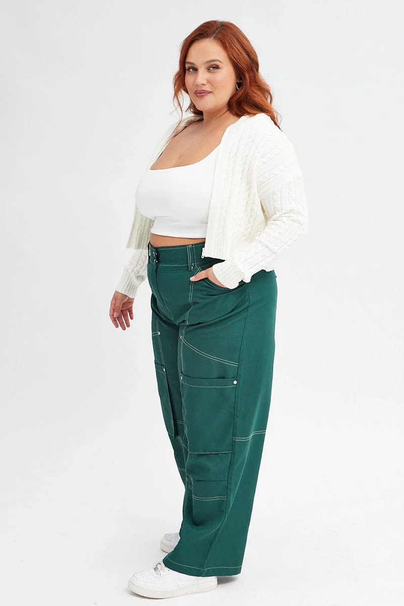 Green Cargo Pant Wide Leg Contrast Stitch - Image 4