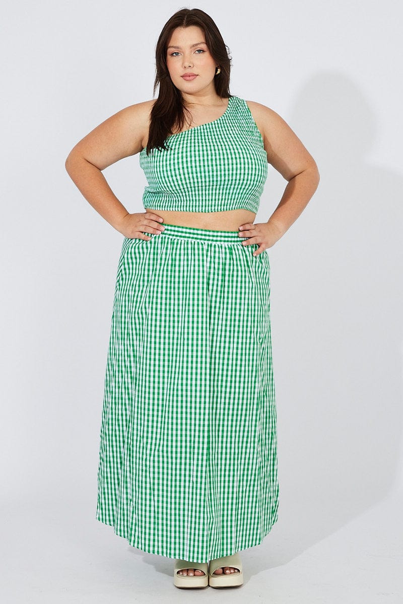 Green Check Crop Top One Shoulder Shirred - Image 3