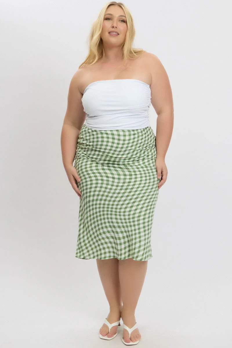Green Check Elastic Waist Bias Maxiskirt - Image 3