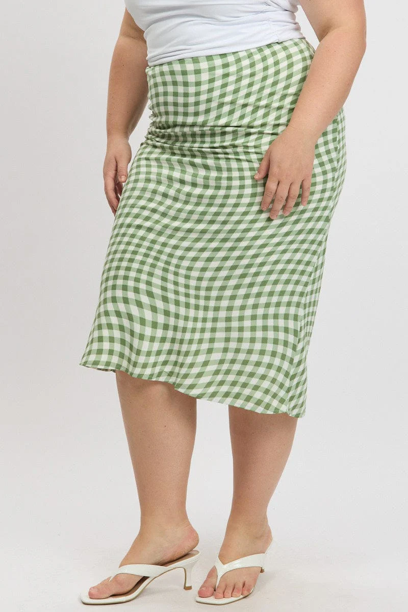 Green Check Elastic Waist Bias Maxiskirt - Image 4