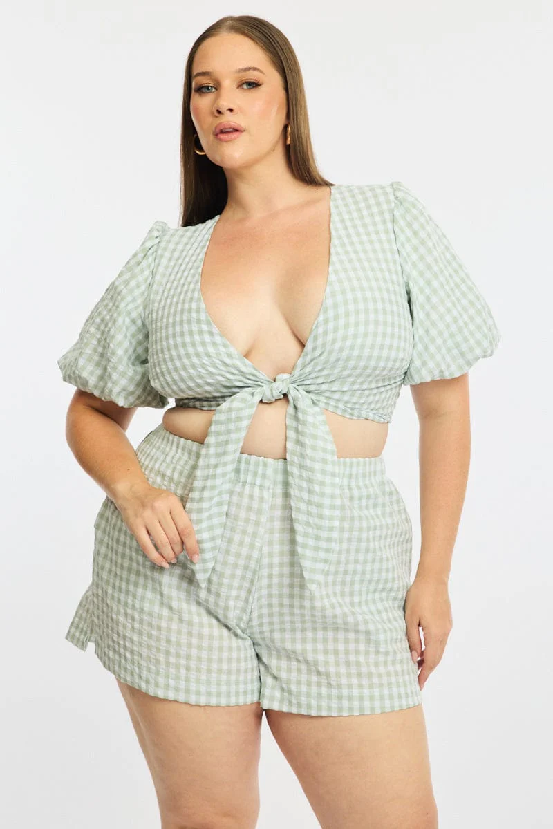 Green Check Elastic Waist Shorts