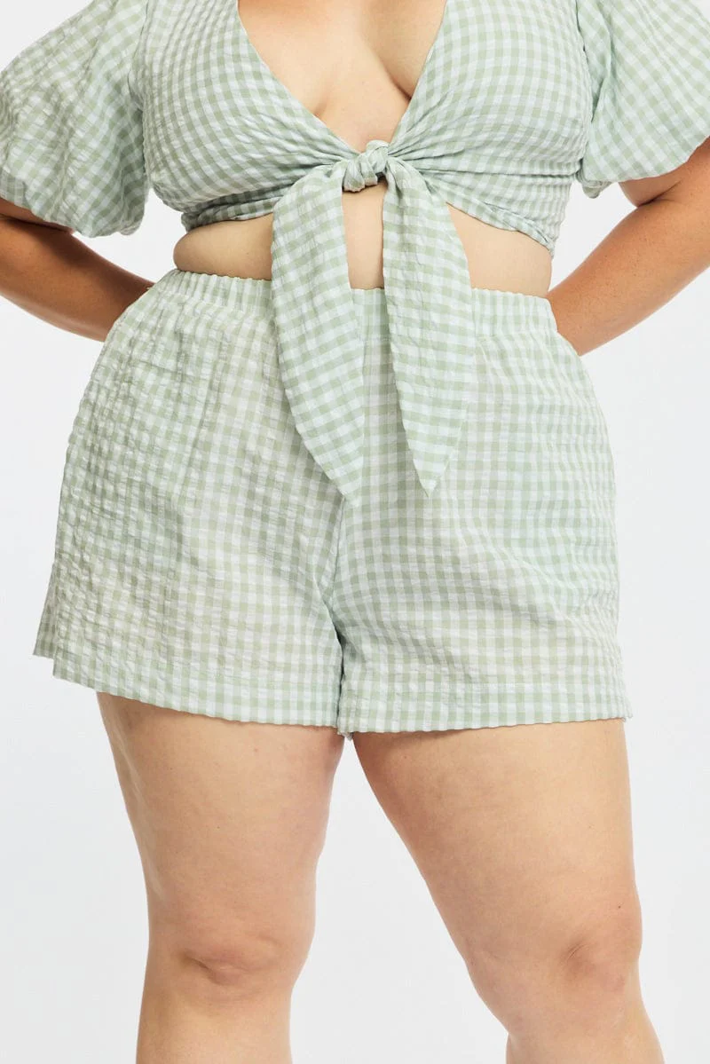 Green Check Elastic Waist Shorts - Image 2