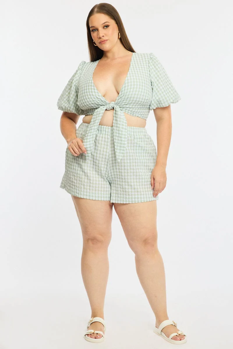 Green Check Elastic Waist Shorts - Image 3