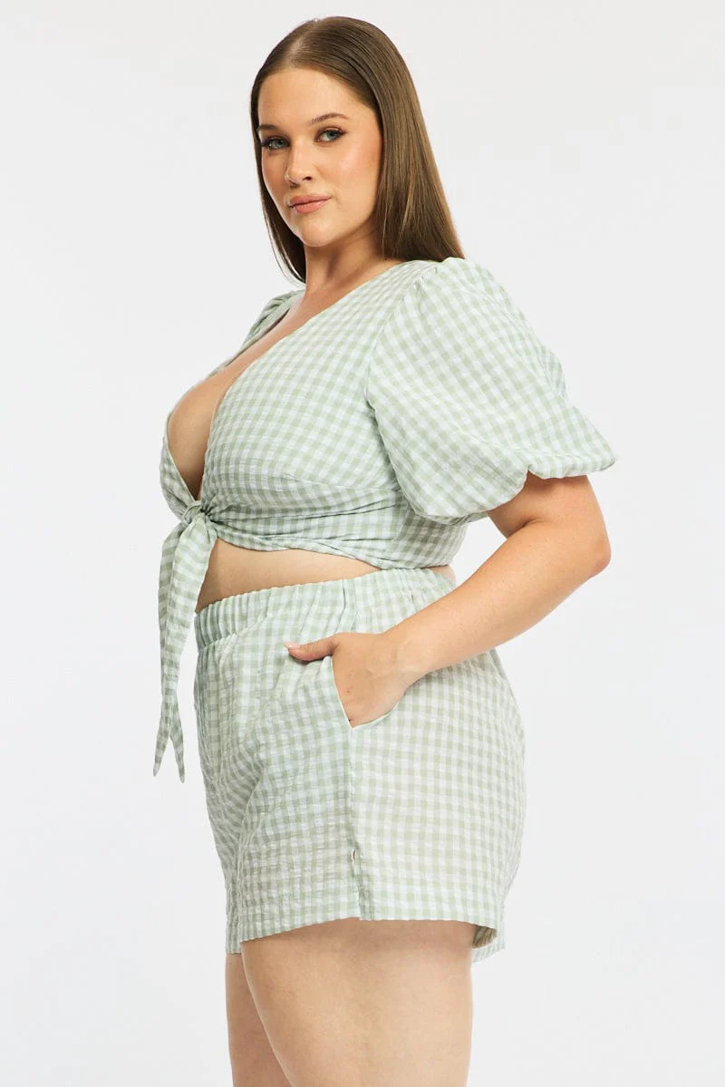 Green Check Elastic Waist Shorts - Image 4