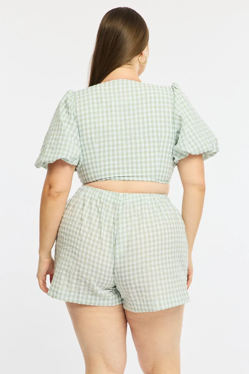 Green Check Elastic Waist Shorts - Image 5