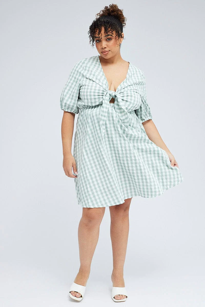 Green Check Mini Dress Tie Gingham Puff Sleeve - Image 2