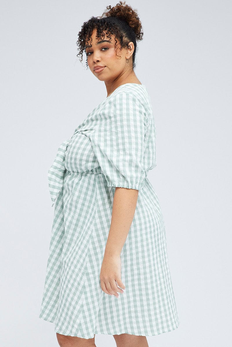 Green Check Mini Dress Tie Gingham Puff Sleeve - Image 4