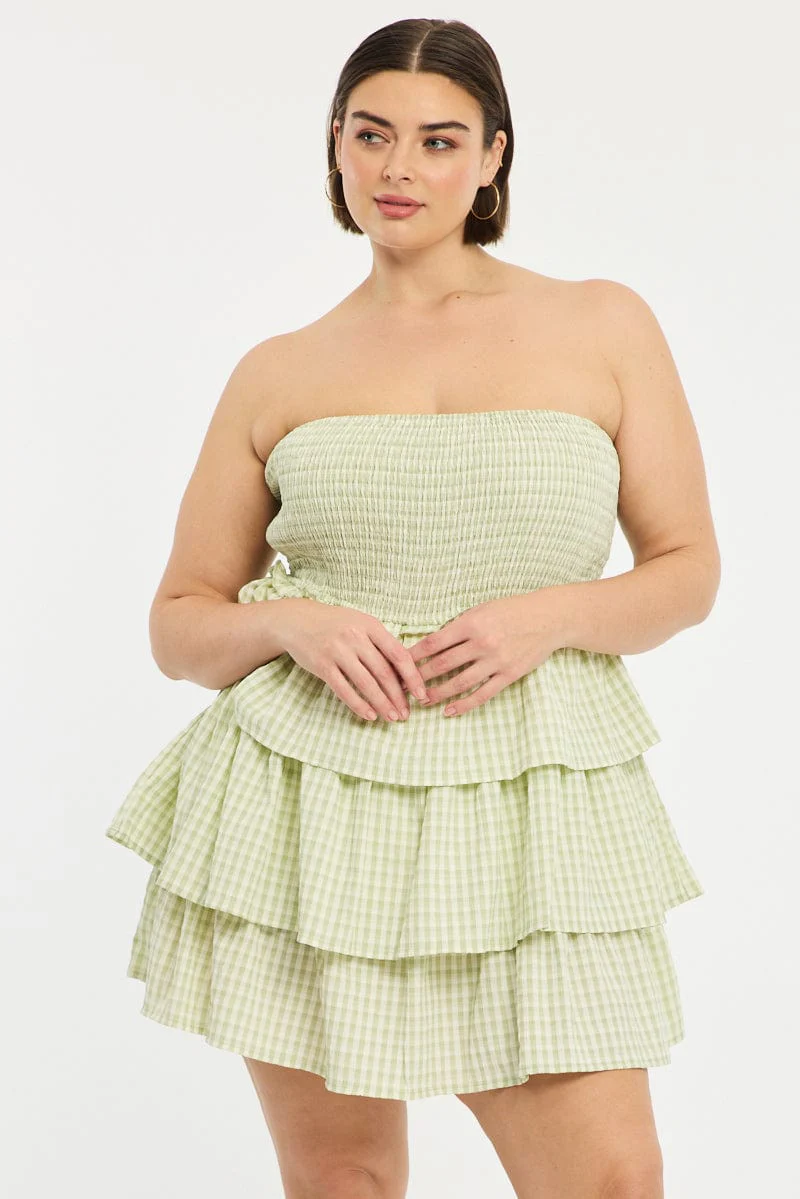 Green Check Playsuit Strapless Shirred Body