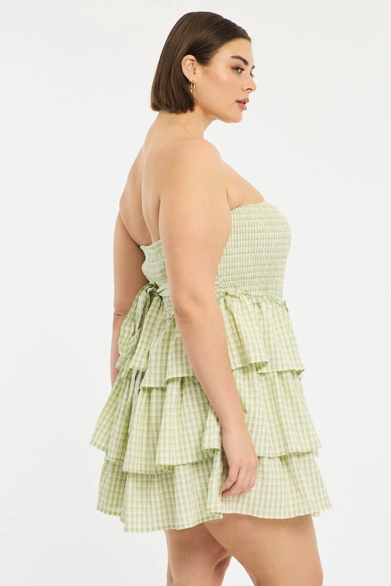Green Check Playsuit Strapless Shirred Body - Image 3