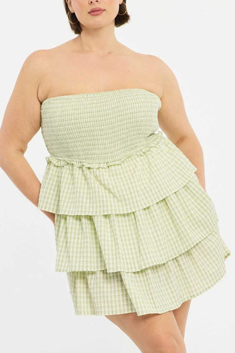 Green Check Playsuit Strapless Shirred Body - Image 5
