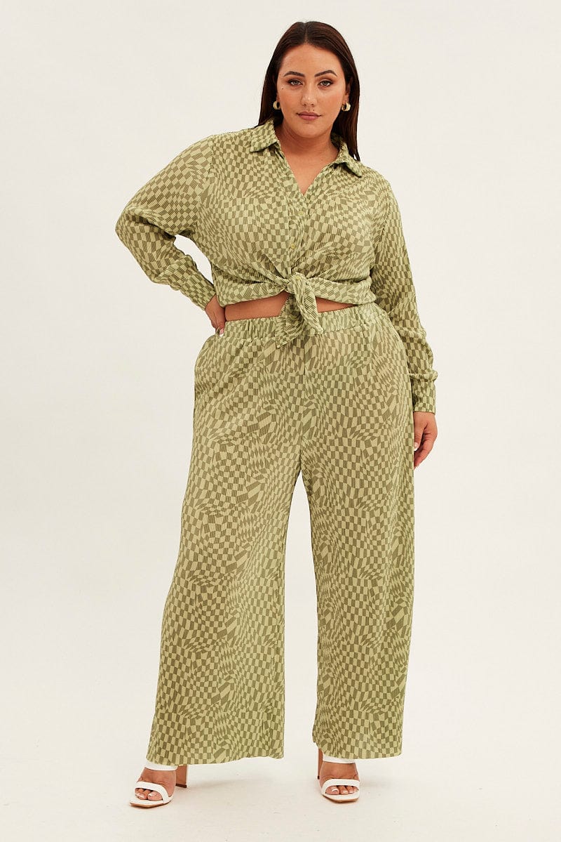 Green Check Relaxed Shirt Long Sleeve Plisse - Image 2