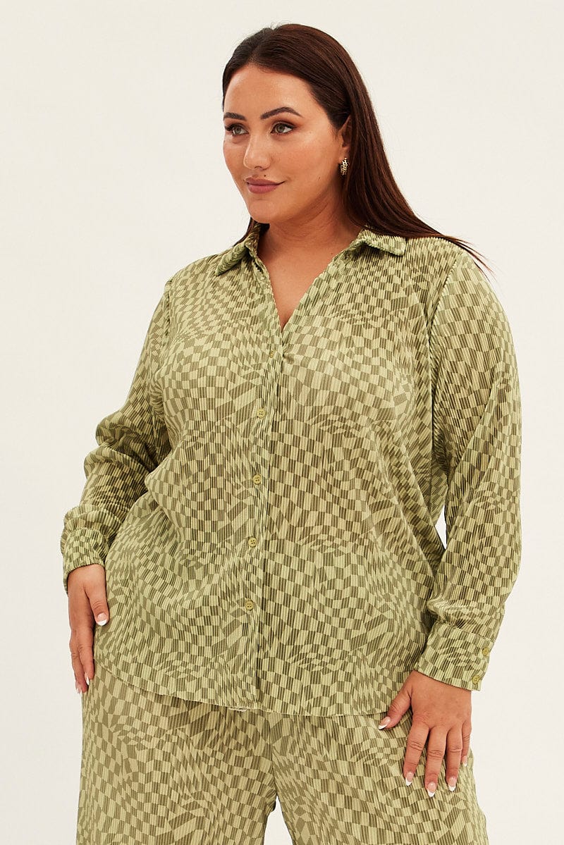 Green Check Relaxed Shirt Long Sleeve Plisse - Image 3