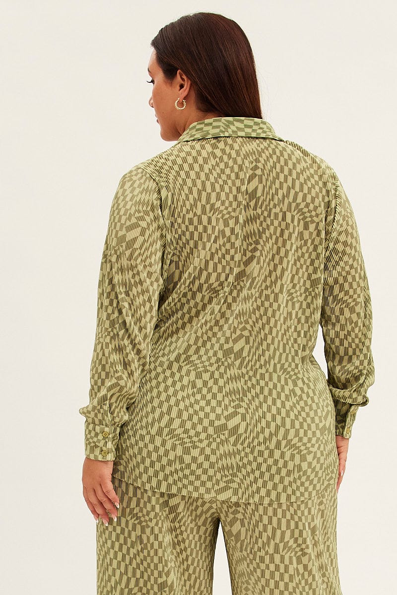 Green Check Relaxed Shirt Long Sleeve Plisse - Image 5