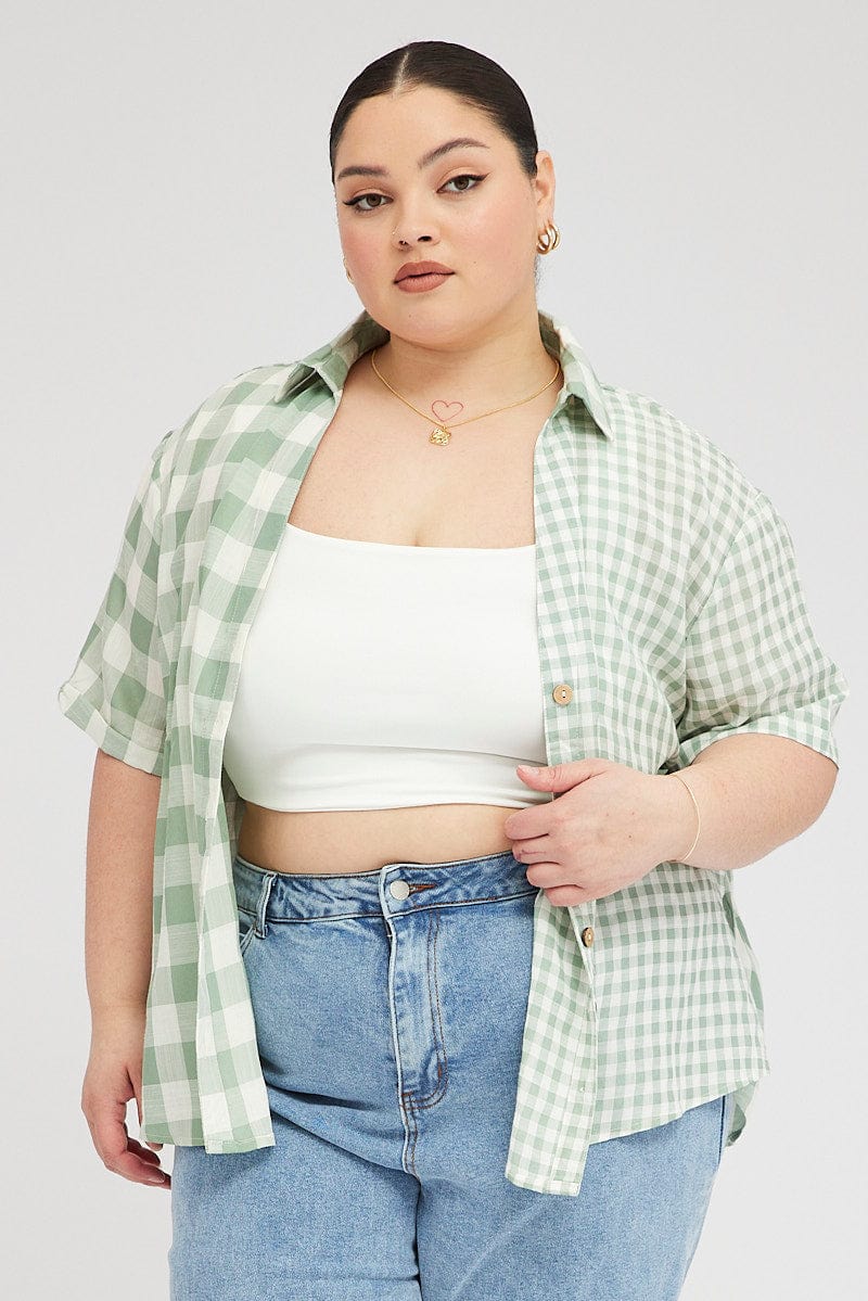Green Check Relaxed Shirt Short Sleeve V-neck - Image 3