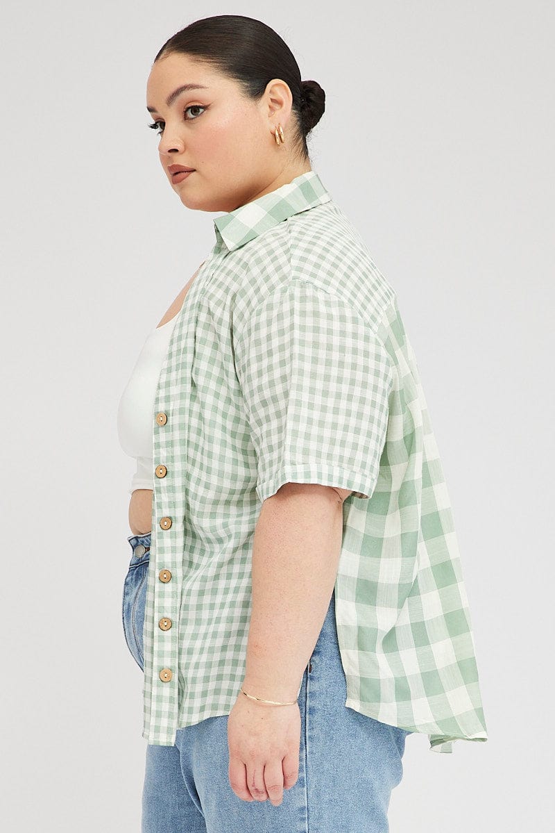 Green Check Relaxed Shirt Short Sleeve V-neck - Image 4