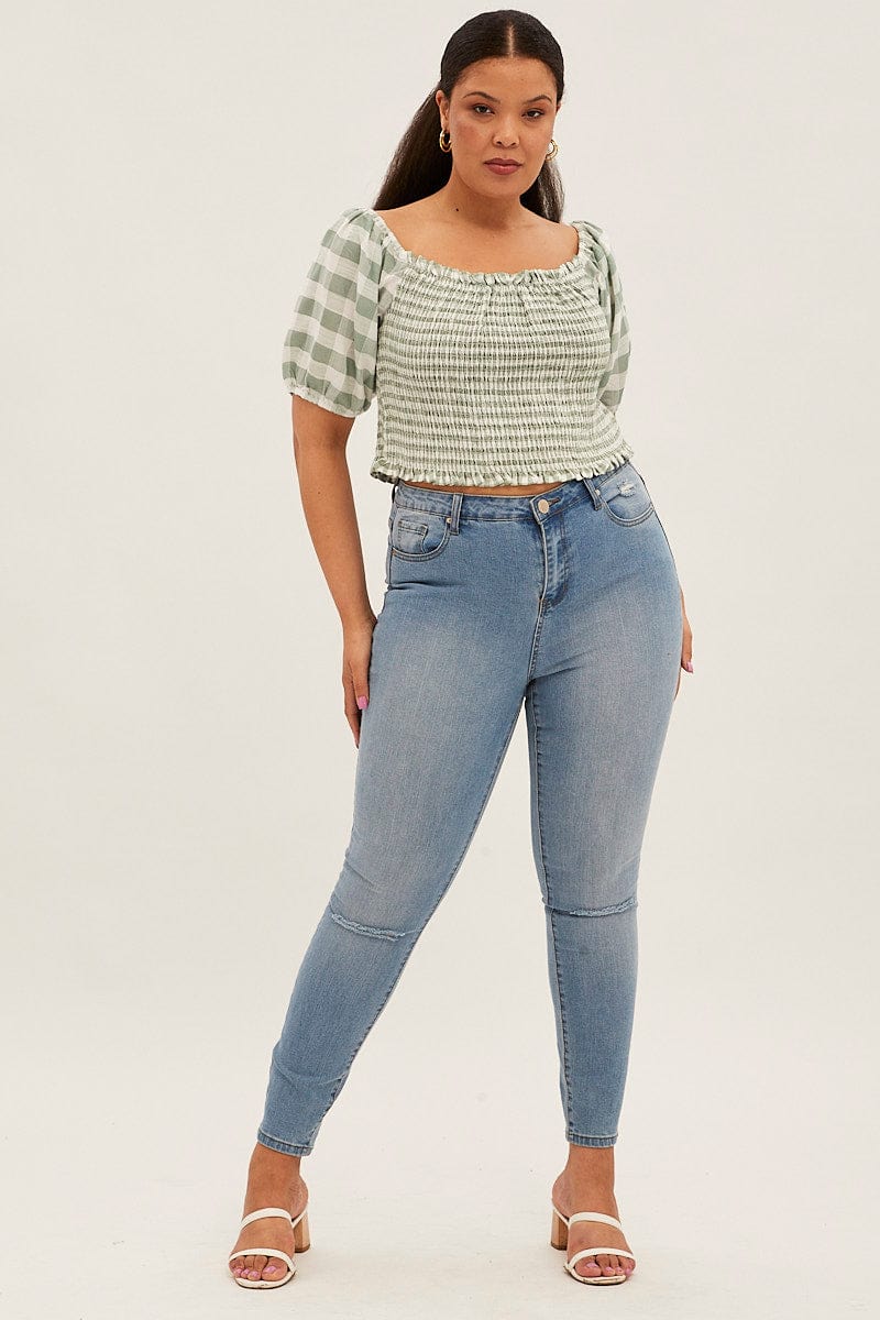Green Check Shirred Top Short Sleeve Square Neck - Image 2