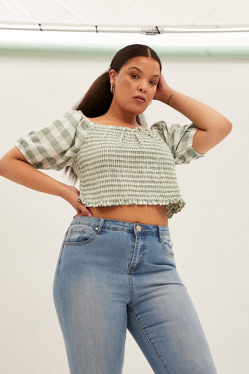 Green Check Shirred Top Short Sleeve Square Neck - Image 3