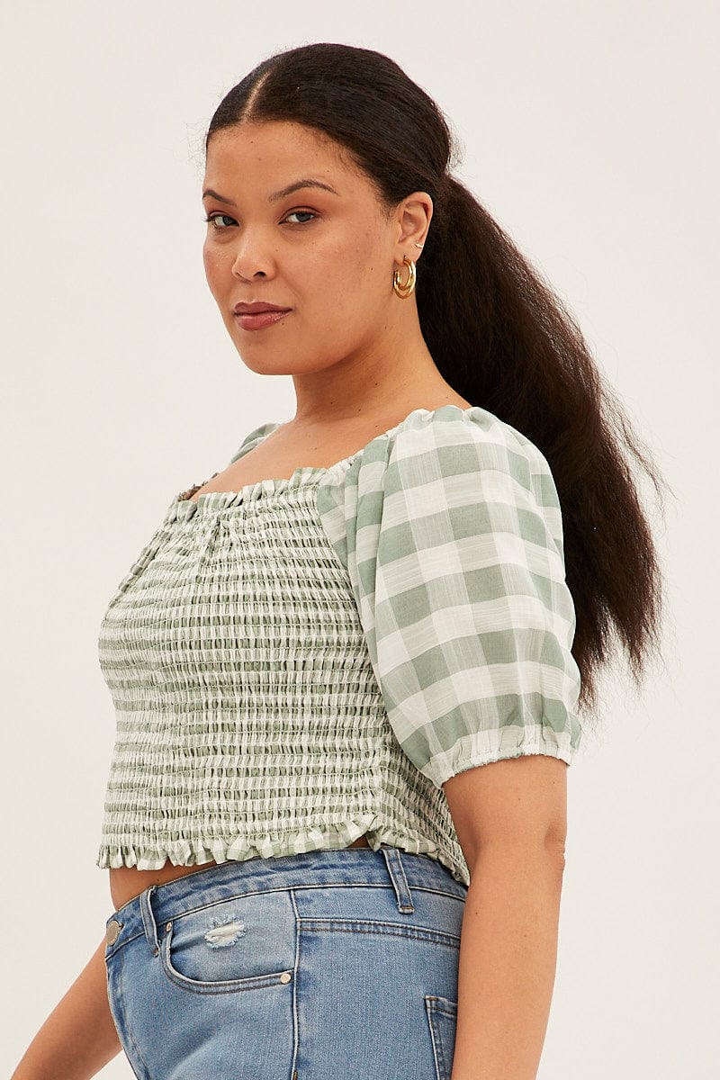Green Check Shirred Top Short Sleeve Square Neck - Image 4