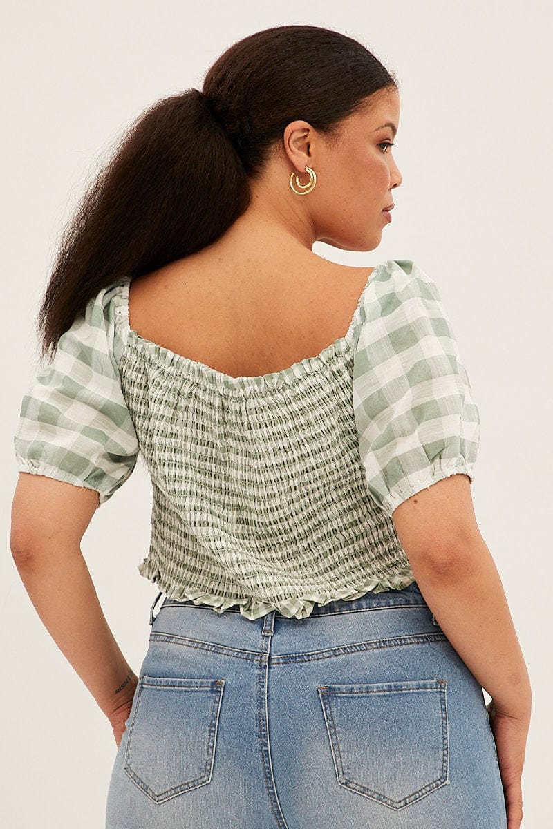 Green Check Shirred Top Short Sleeve Square Neck - Image 5