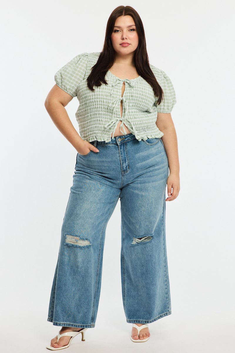 Green Check Shirred Top Short Sleeve Tie Front - Image 2
