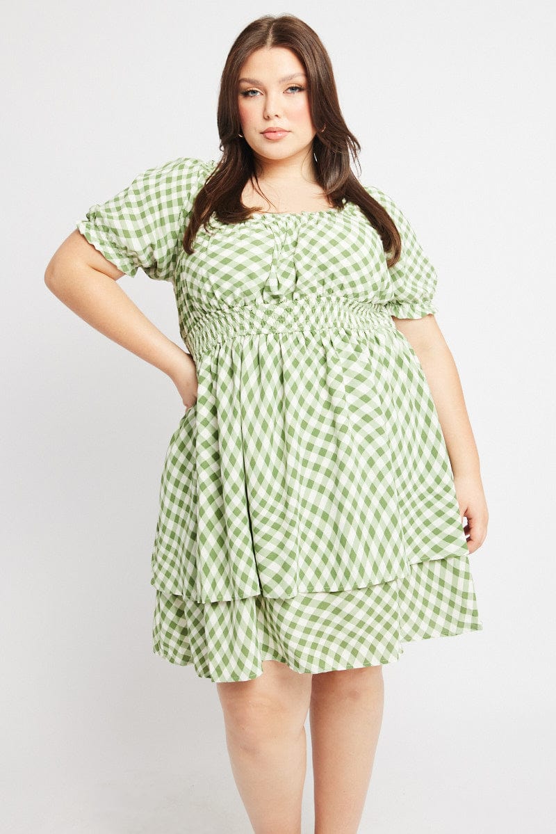 Green Check Shirred Waist Scoop Neck Minidress - Image 3