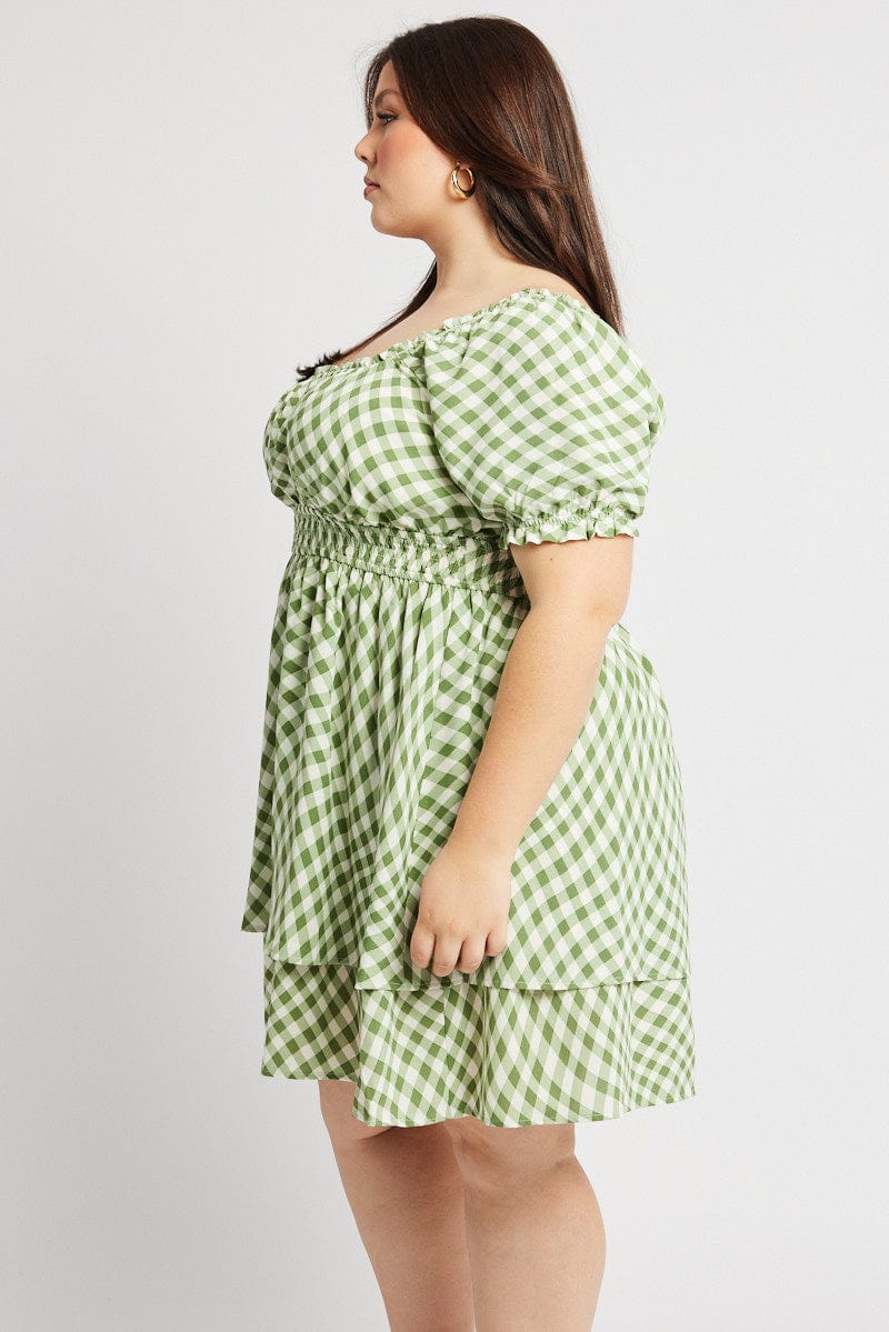 Green Check Shirred Waist Scoop Neck Minidress - Image 4