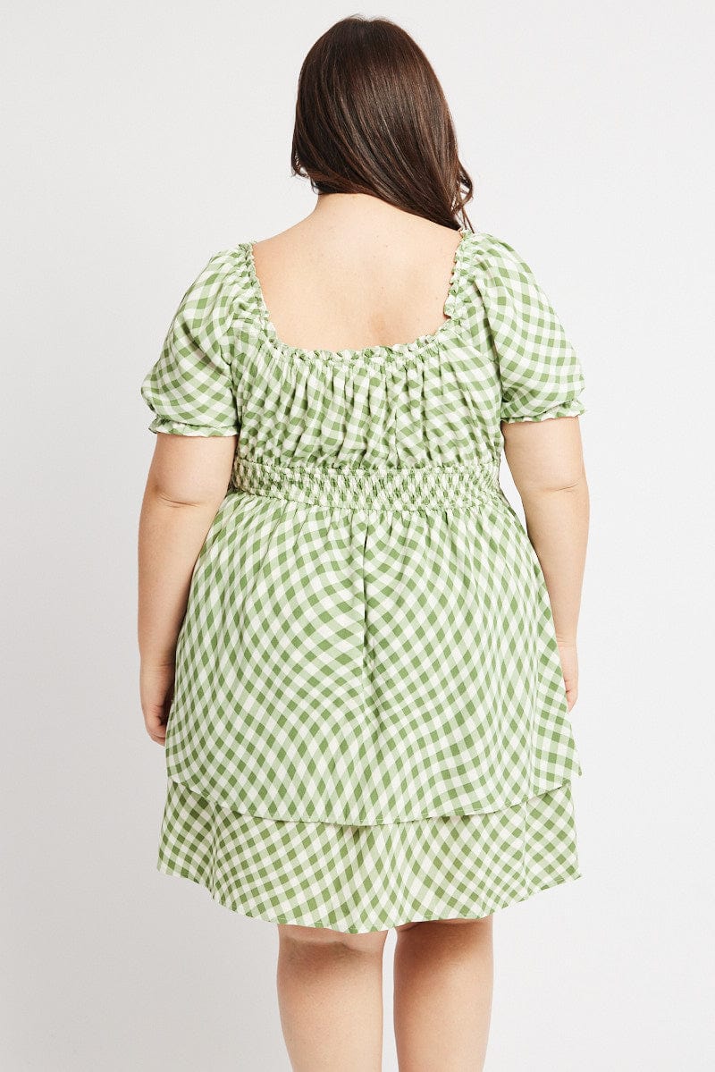 Green Check Shirred Waist Scoop Neck Minidress - Image 5