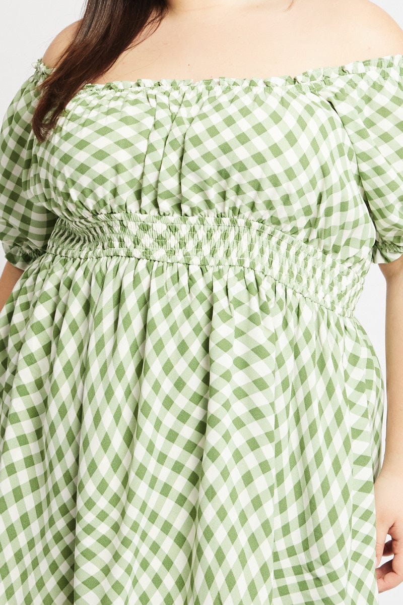 Green Check Shirred Waist Scoop Neck Minidress - Image 6