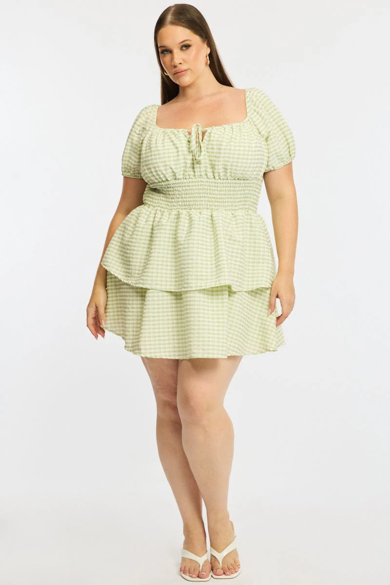 Green Check Skater Dress Short Sleeve Shirred Waist Textured - Image 2