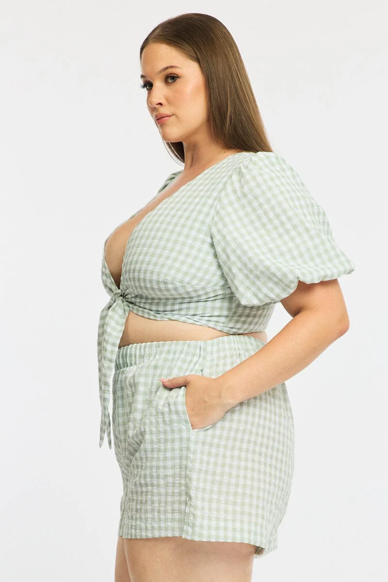 Green Check Tie Up Bolero Short Sleeve - Image 3
