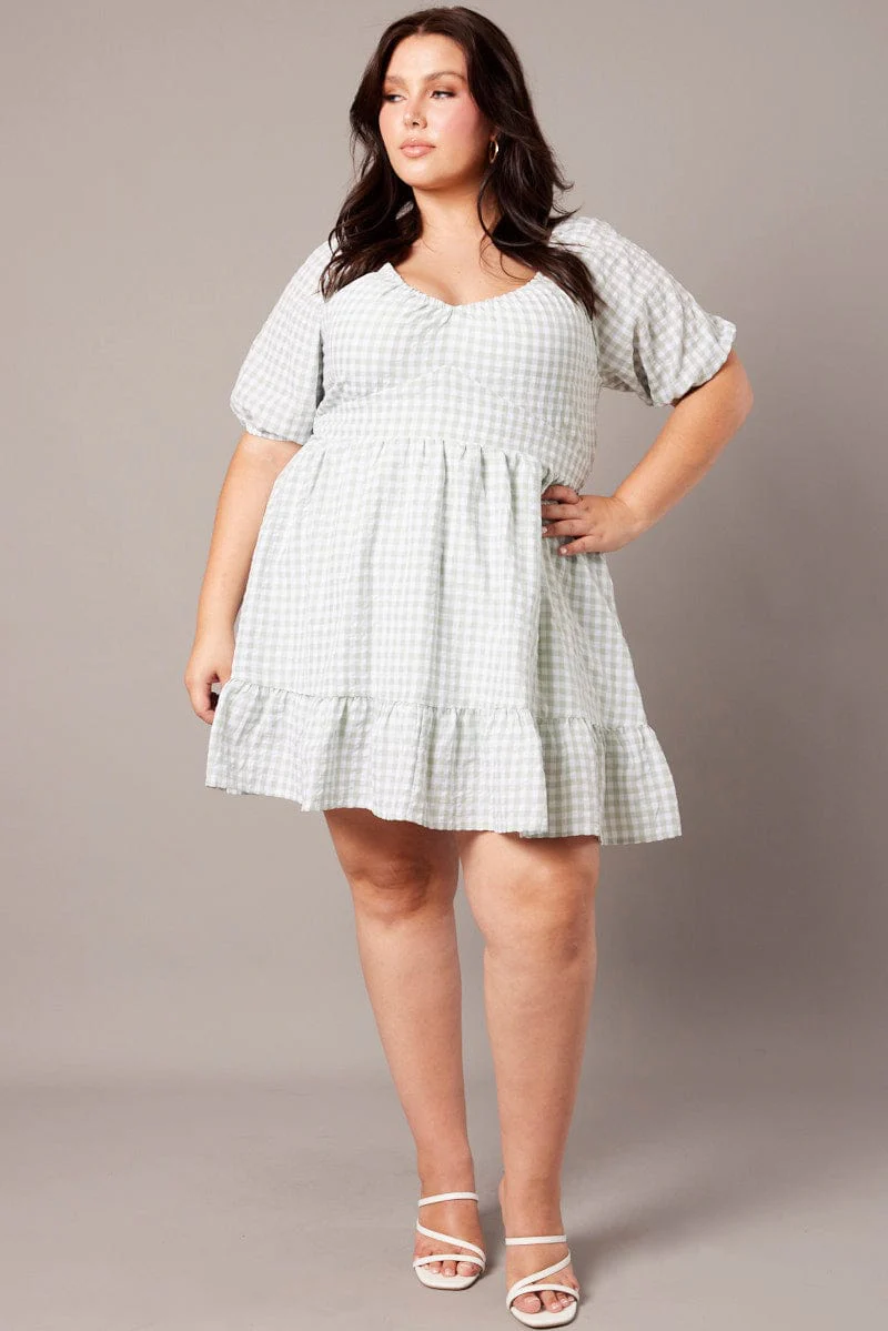 Green Check Tiered Mini Dress Shirred Back With Pockets - Image 2