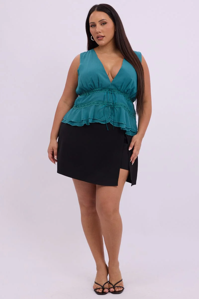 Green Chiffon Top Sleeveless Ribbon Tie - Image 2