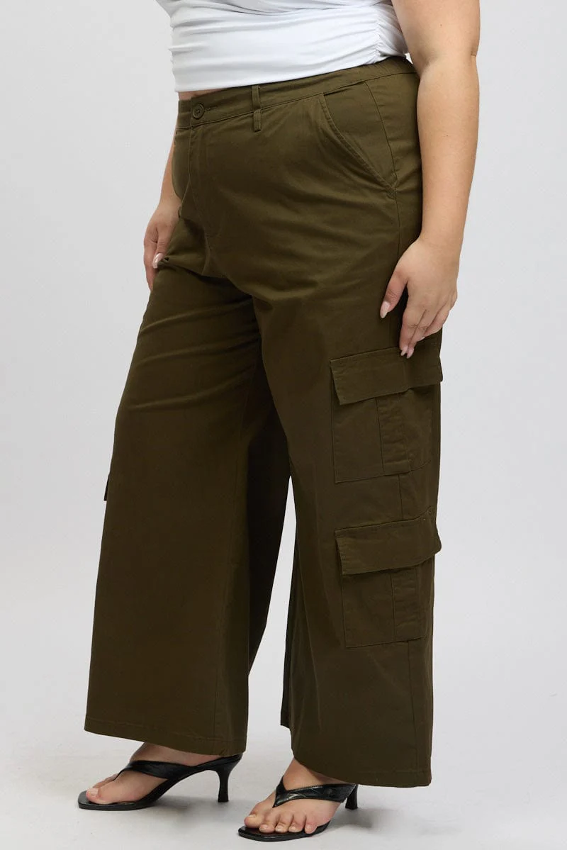 Green Cotton Blend Elastic Waist Wide Leg Cargo Pants - Image 4