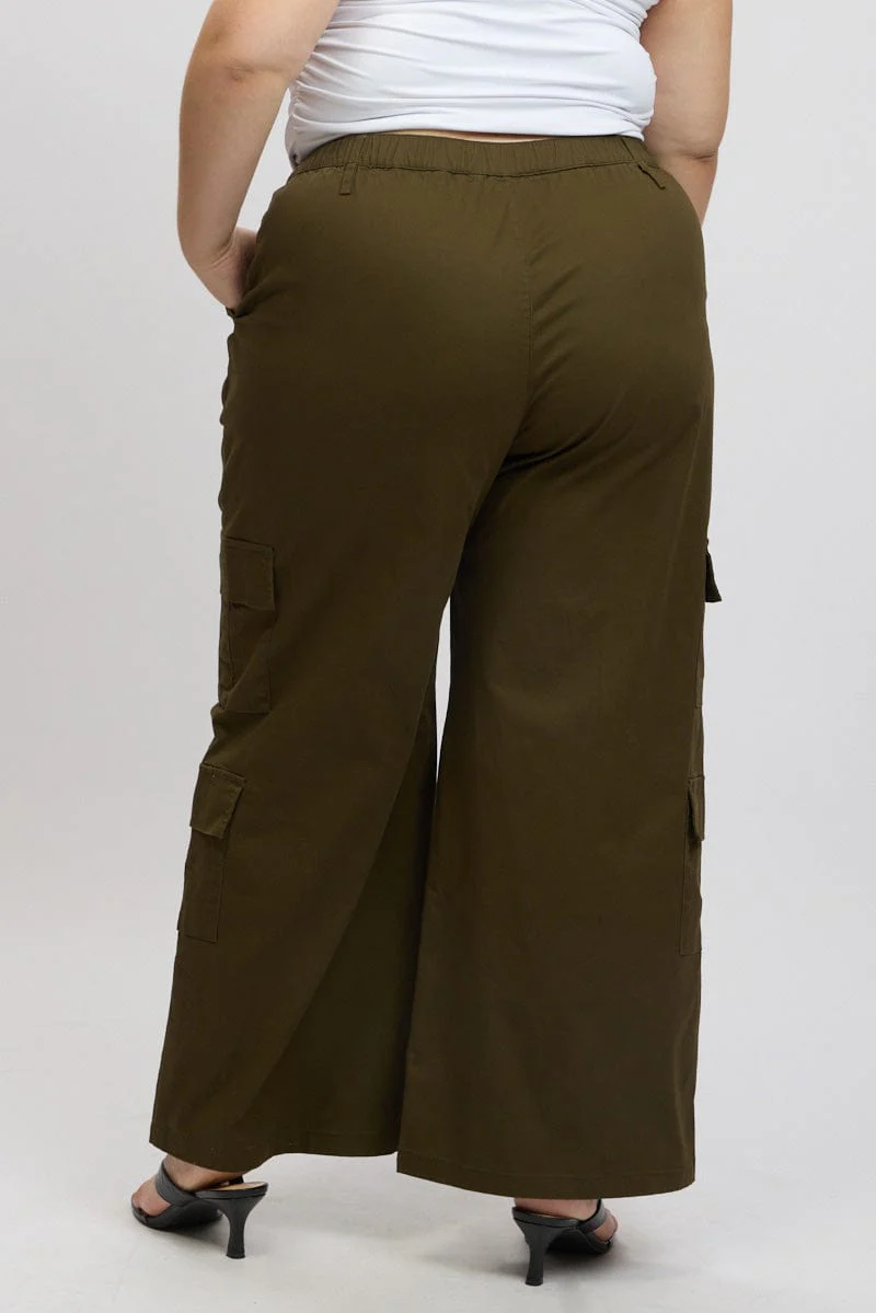 Green Cotton Blend Elastic Waist Wide Leg Cargo Pants - Image 5
