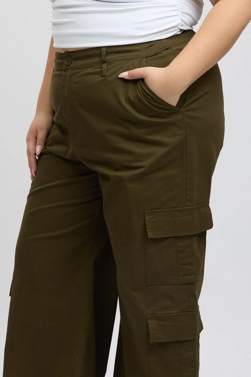 Green Cotton Blend Elastic Waist Wide Leg Cargo Pants - Image 6