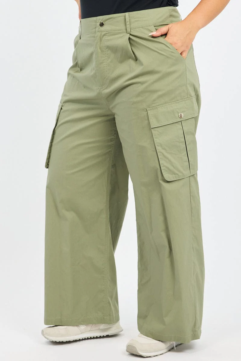 Green Cotton Blend Wide Leg Cargo Pants - Image 3