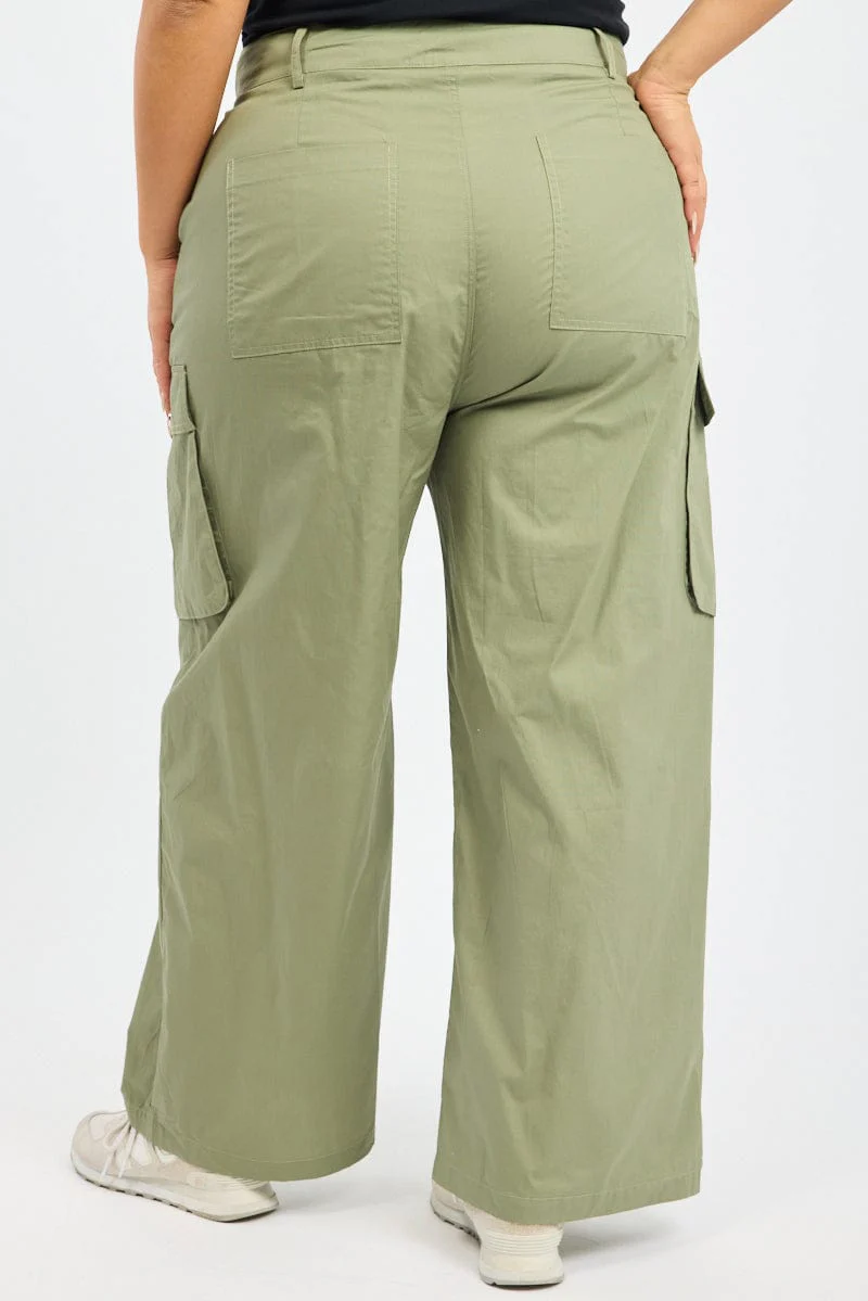 Green Cotton Blend Wide Leg Cargo Pants - Image 4