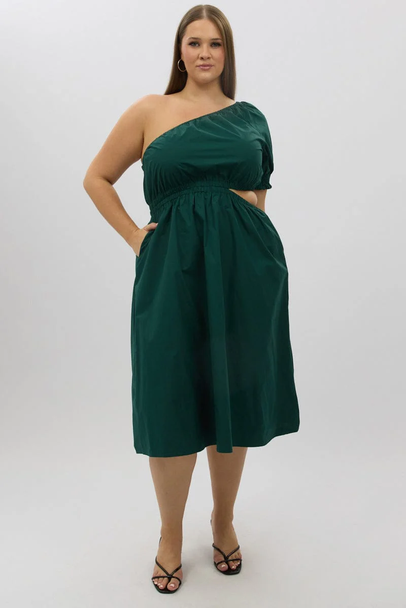Green Cotton Poplin One Sleeve Dress - Image 3