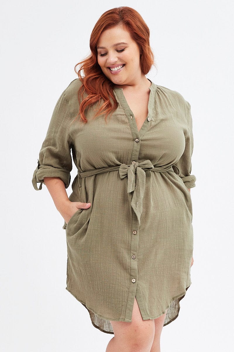 Green Cotton Shirtdress Long Tab Sleeve Textured - Image 3