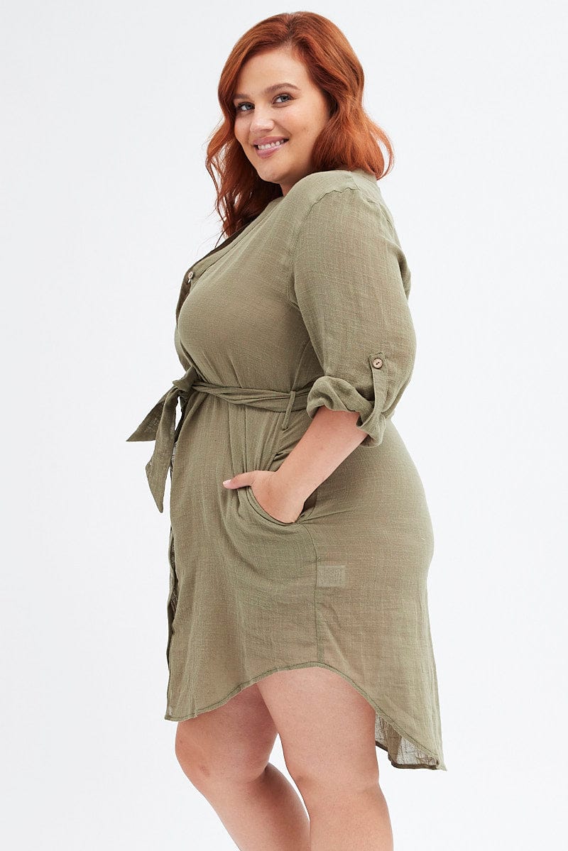 Green Cotton Shirtdress Long Tab Sleeve Textured - Image 4