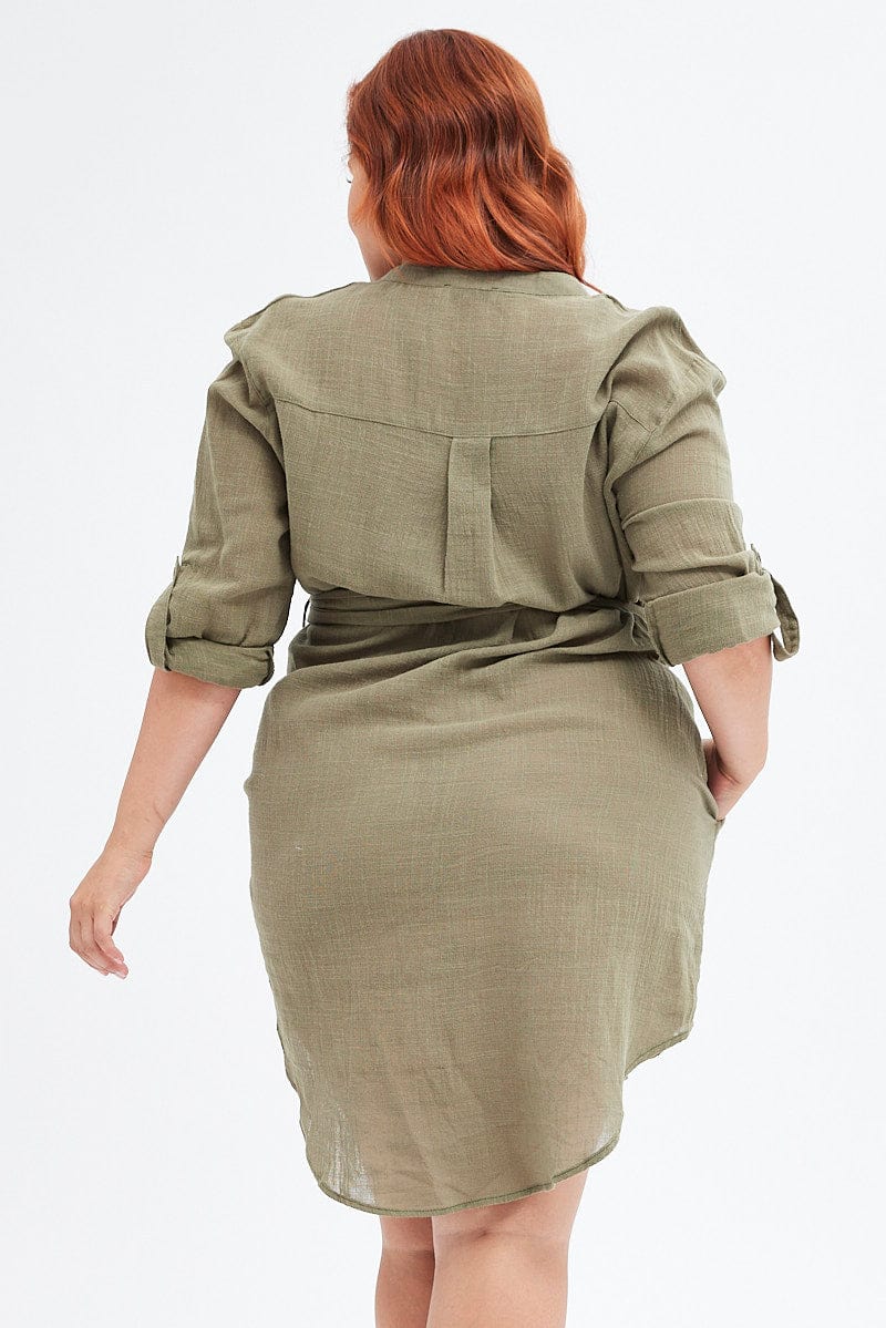 Green Cotton Shirtdress Long Tab Sleeve Textured - Image 5